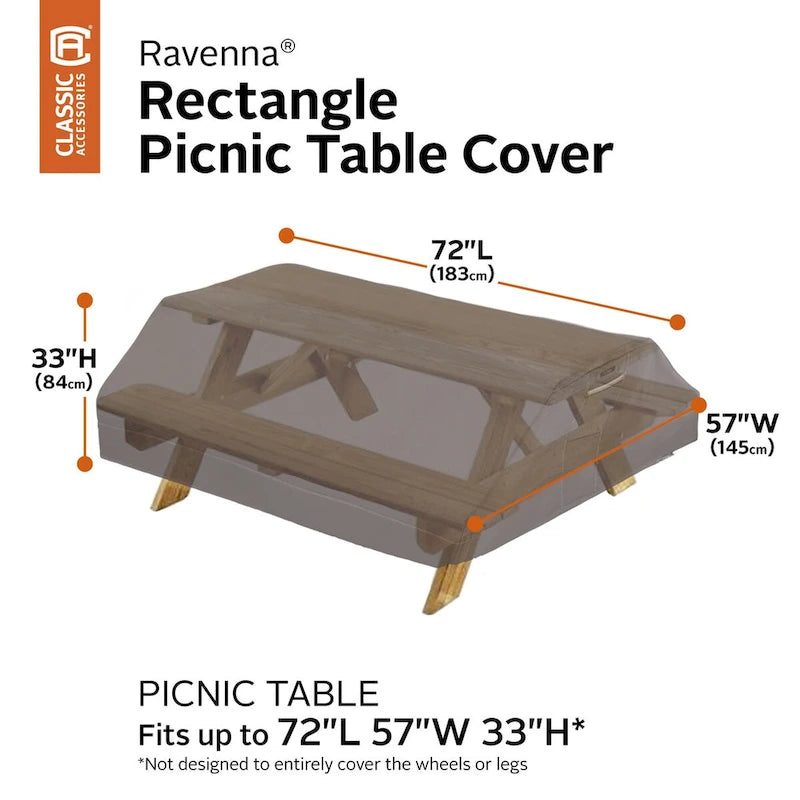 Classic Accessories Ravenna Water-Resistant Rectangle Picnic Table Cover, 72 in. L x 57 in. W x 33 in. H