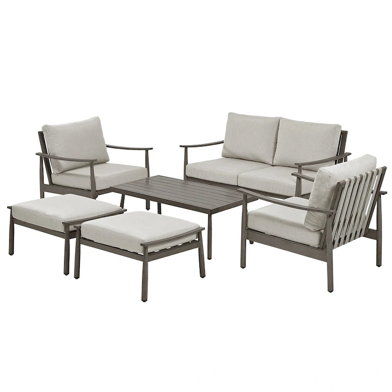 6-Piece Aluminum Patio Conversation Set, 2-Seat Outdoor Couch with Coffee Table and Cushions