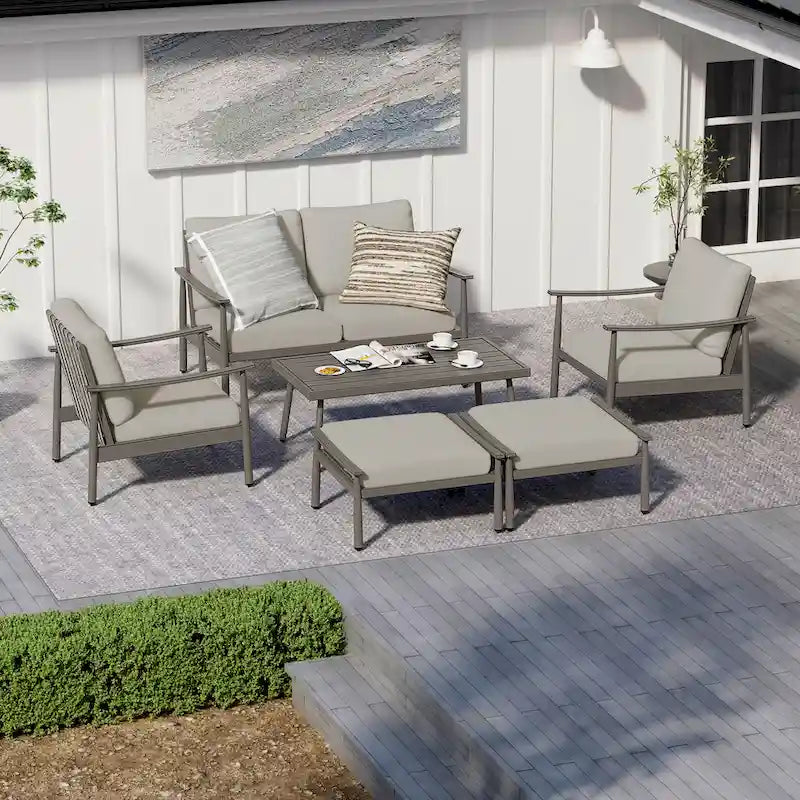 6-Piece Aluminum Patio Conversation Set, 2-Seat Outdoor Couch with Coffee Table and Cushions