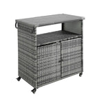 Outdoor Wicker Bar Cart,Patio Wine Serving Cart Wheels,Rolling Rattan Beverage Bar Counter Table Glass Top