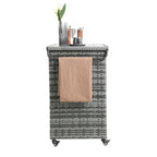 Outdoor Wicker Bar Cart,Patio Wine Serving Cart Wheels,Rolling Rattan Beverage Bar Counter Table Glass Top