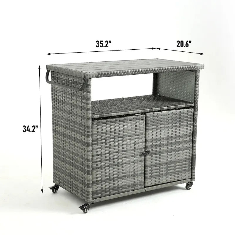Outdoor Wicker Bar Cart,Patio Wine Serving Cart Wheels,Rolling Rattan Beverage Bar Counter Table Glass Top