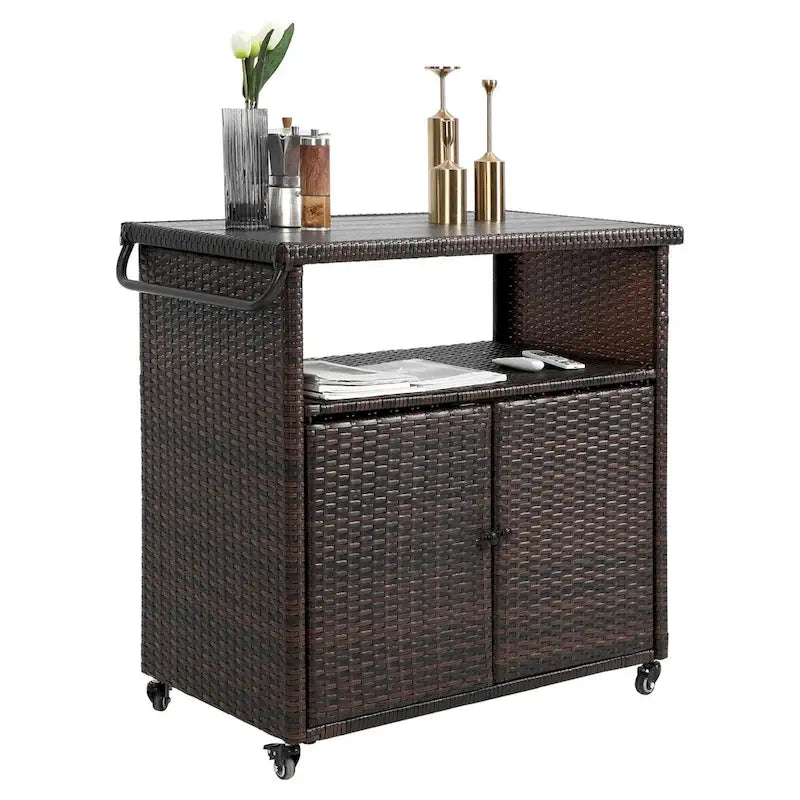 Outdoor Wicker Bar Cart,Patio Wine Serving Cart Wheels,Rolling Rattan Beverage Bar Counter Table Glass Top