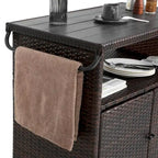 Outdoor Wicker Bar Cart,Patio Wine Serving Cart Wheels,Rolling Rattan Beverage Bar Counter Table Glass Top