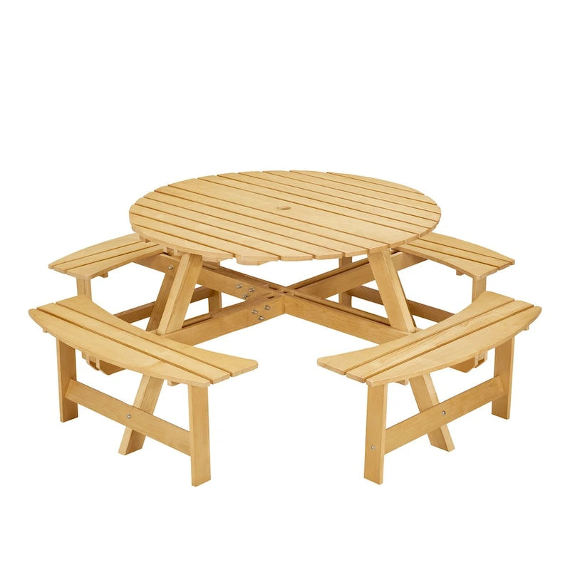 Outdoor 8 Person Picnic Table,8 person Round Picnic Table with 4 Built-in Benches,Umbrella Hole,Outside Table and Bench Set