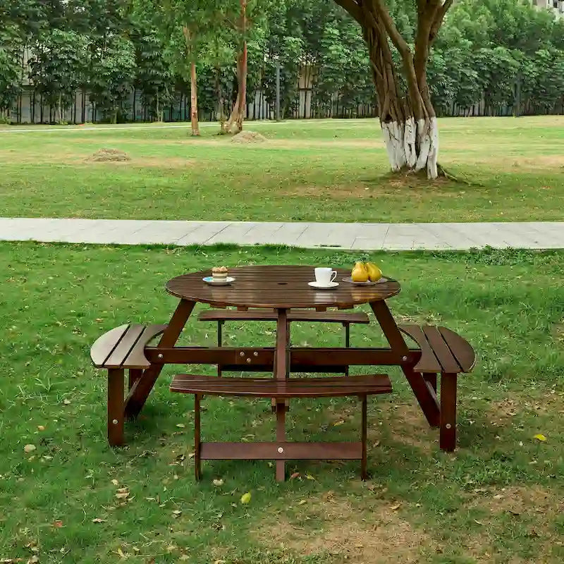 Outdoor 8 Person Picnic Table,8 person Round Picnic Table with 4 Built-in Benches,Umbrella Hole,Outside Table and Bench Set