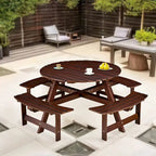 Outdoor 8 Person Picnic Table,8 person Round Picnic Table with 4 Built-in Benches,Umbrella Hole,Outside Table and Bench Set