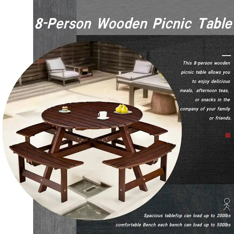 Outdoor 8 Person Picnic Table,8 person Round Picnic Table with 4 Built-in Benches,Umbrella Hole,Outside Table and Bench Set