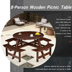 Outdoor 8 Person Picnic Table,8 person Round Picnic Table with 4 Built-in Benches,Umbrella Hole,Outside Table and Bench Set