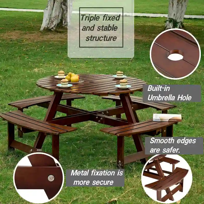 Outdoor 8 Person Picnic Table,8 person Round Picnic Table with 4 Built-in Benches,Umbrella Hole,Outside Table and Bench Set