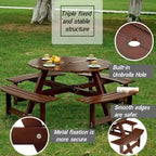 Outdoor 8 Person Picnic Table,8 person Round Picnic Table with 4 Built-in Benches,Umbrella Hole,Outside Table and Bench Set