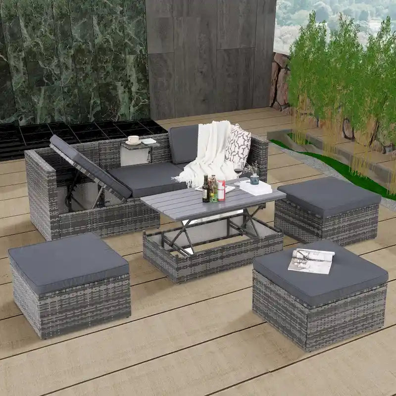 Patio Outdoor Furniture,Seasonal PE Wicker Furniture,5 Set Wicker Furniture,Plywood lift TOP Coffee Table,with Lounger Sofa