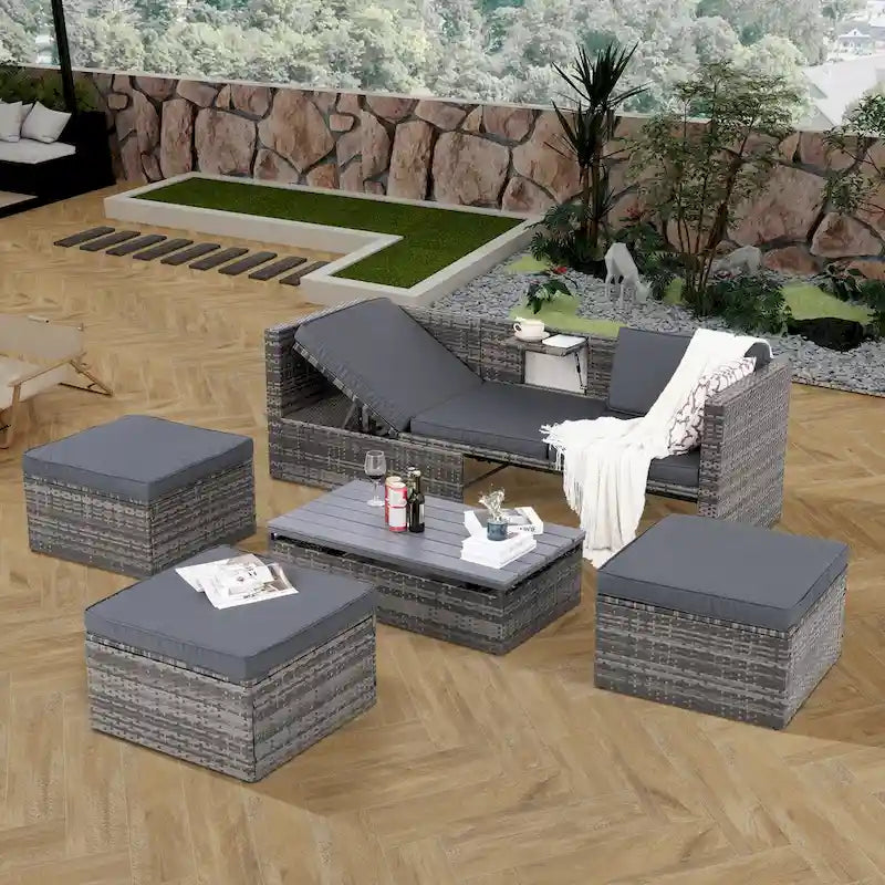Patio Outdoor Furniture,Seasonal PE Wicker Furniture,5 Set Wicker Furniture,Plywood lift TOP Coffee Table,with Lounger Sofa
