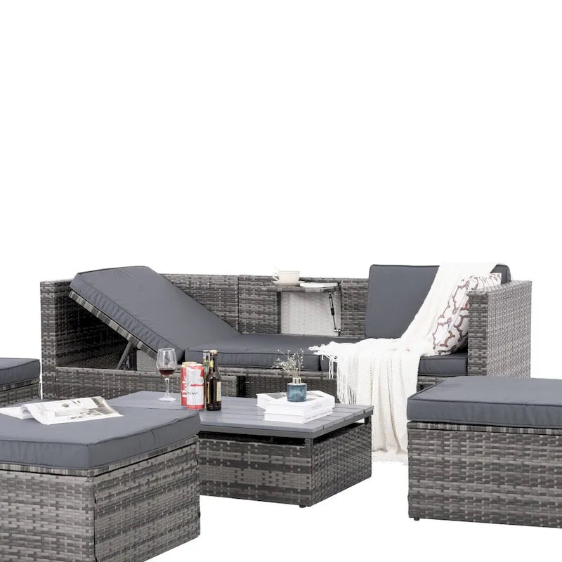 Patio Outdoor Furniture,Seasonal PE Wicker Furniture,5 Set Wicker Furniture,Plywood lift TOP Coffee Table,with Lounger Sofa