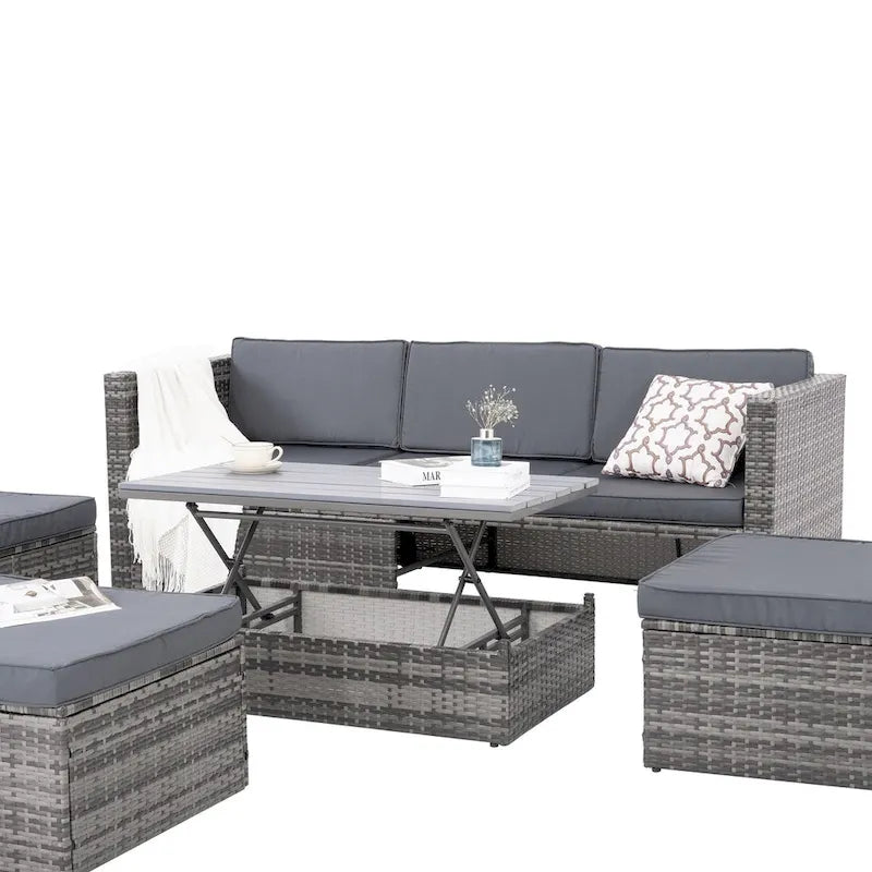 Patio Outdoor Furniture,Seasonal PE Wicker Furniture,5 Set Wicker Furniture,Plywood lift TOP Coffee Table,with Lounger Sofa