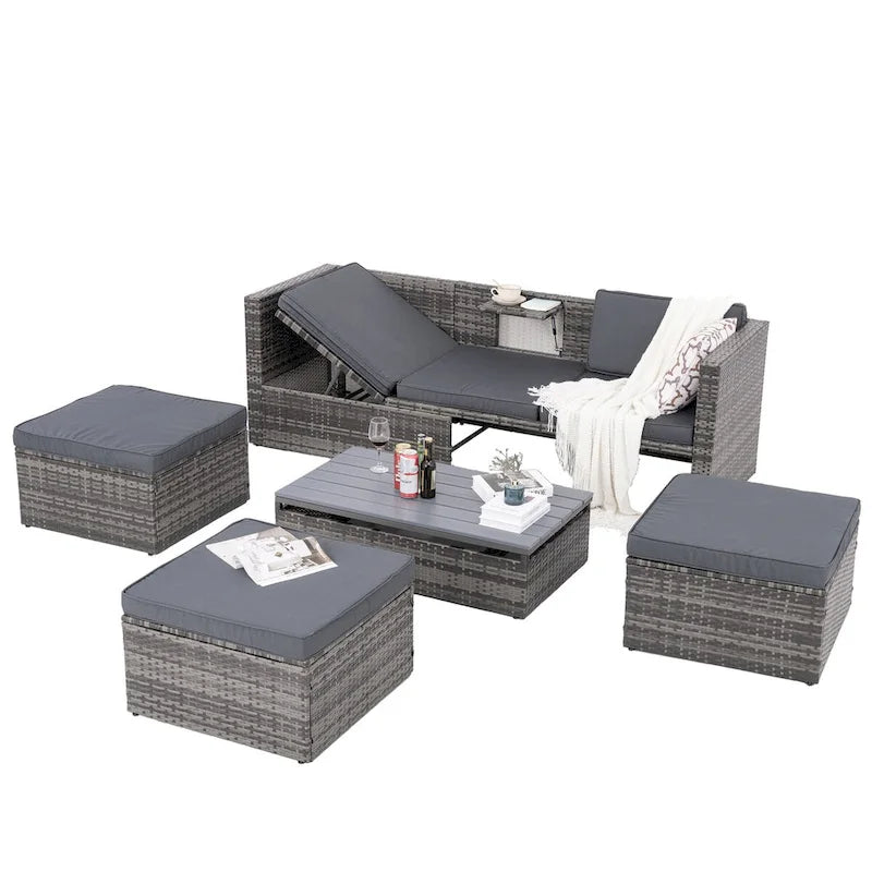 Patio Outdoor Furniture,Seasonal PE Wicker Furniture,5 Set Wicker Furniture,Plywood lift TOP Coffee Table,with Lounger Sofa