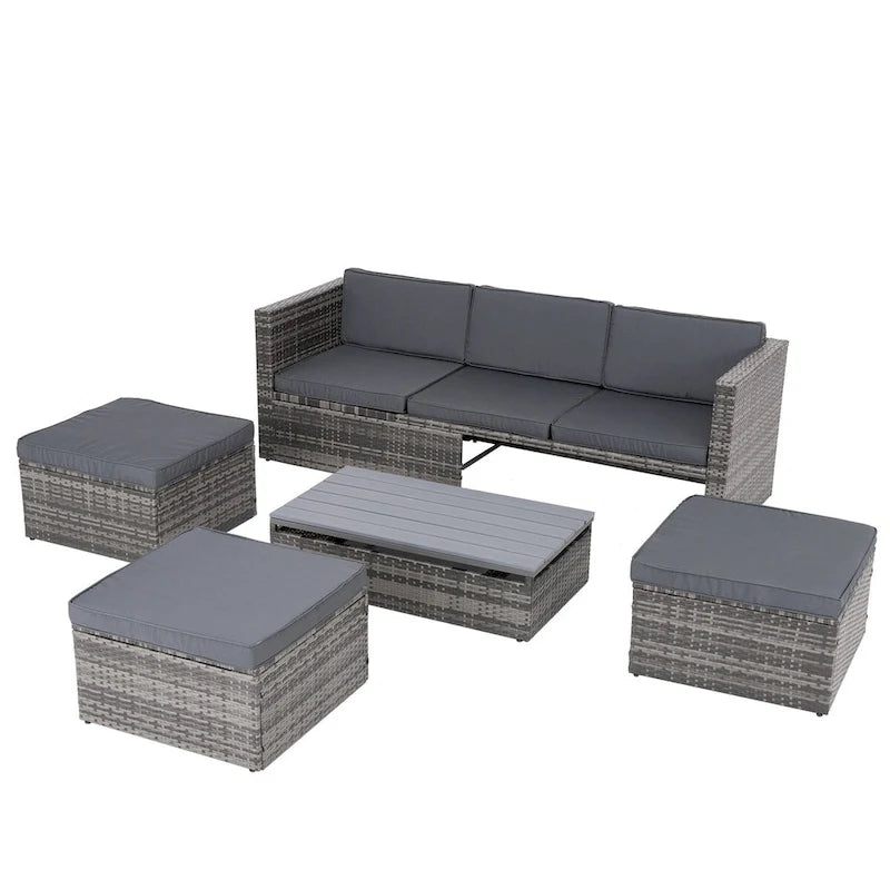 Patio Outdoor Furniture,Seasonal PE Wicker Furniture,5 Set Wicker Furniture,Plywood lift TOP Coffee Table,with Lounger Sofa