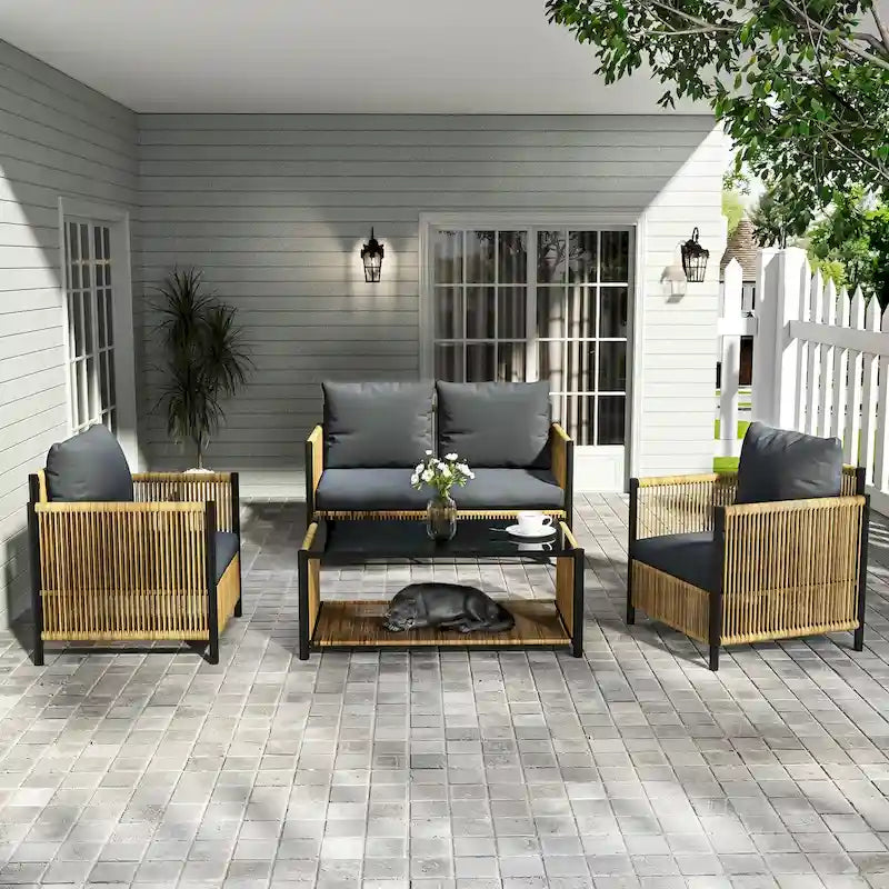 New Comming Patio 4 pieces Brown PE Wicker Sofa Set with Grey Cushion