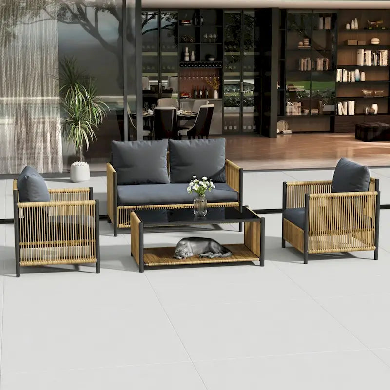 New Comming Patio 4 pieces Brown PE Wicker Sofa Set with Grey Cushion