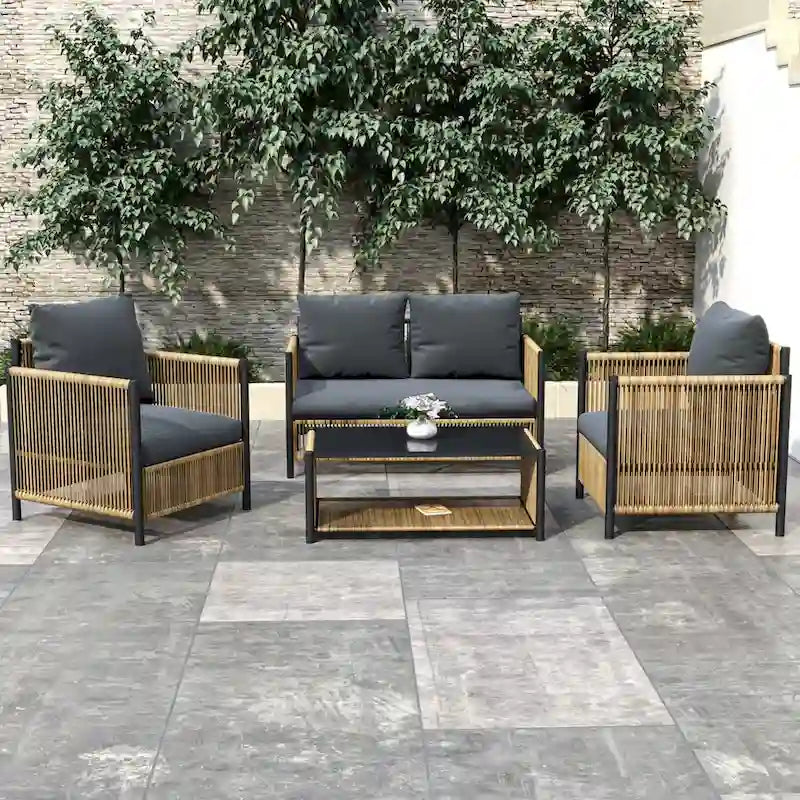 New Comming Patio 4 pieces Brown PE Wicker Sofa Set with Grey Cushion
