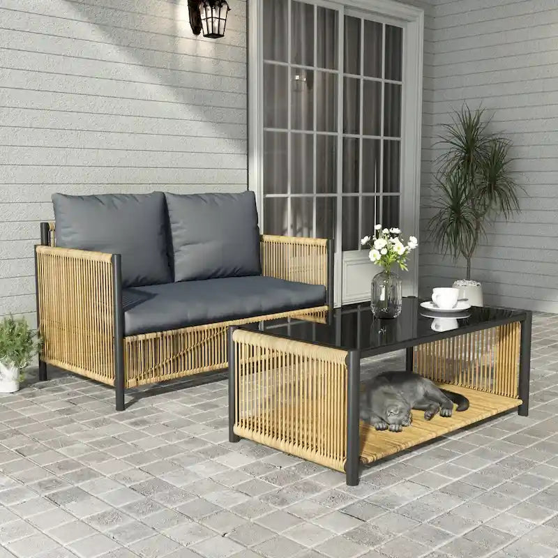 New Comming Patio 4 pieces Brown PE Wicker Sofa Set with Grey Cushion