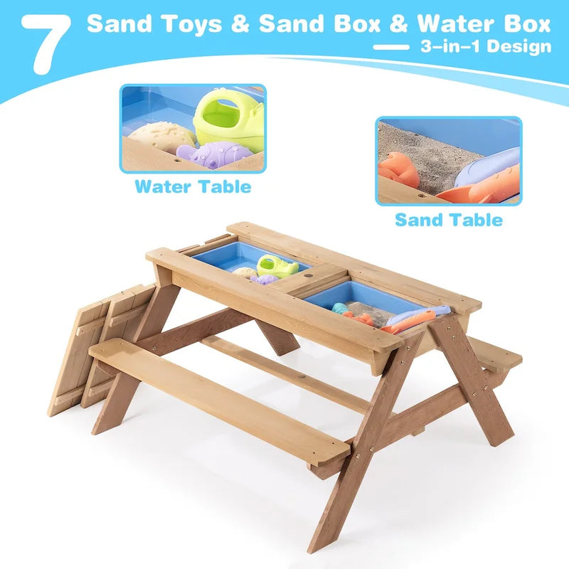 3-in-1 Kids Outdoor Wooden Picnic Table With Umbrella, Convertible Sand & Wate