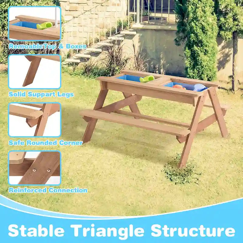 3-in-1 Kids Outdoor Wooden Picnic Table With Umbrella, Convertible Sand & Wate
