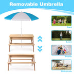 3-in-1 Kids Outdoor Wooden Picnic Table With Umbrella, Convertible Sand & Wate