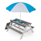 3-in-1 Kids Outdoor Wooden Picnic Table With Umbrella, Convertible Sand & Wate