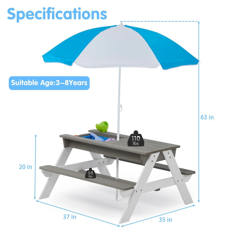 3-in-1 Kids Outdoor Wooden Picnic Table With Umbrella, Convertible Sand & Wate