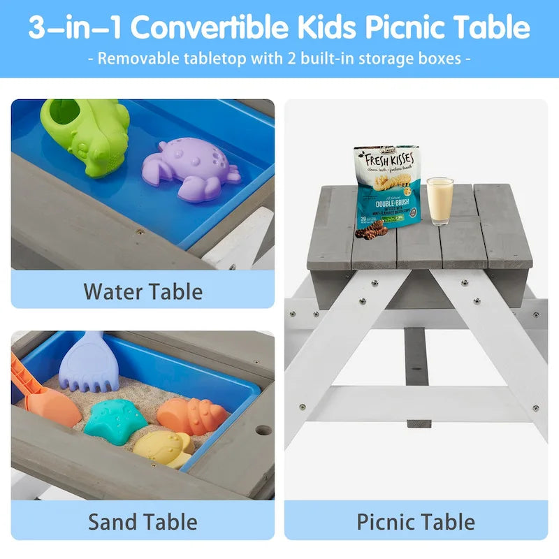 3-in-1 Kids Outdoor Wooden Picnic Table With Umbrella, Convertible Sand & Wate