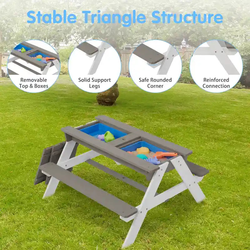 3-in-1 Kids Outdoor Wooden Picnic Table With Umbrella, Convertible Sand & Wate