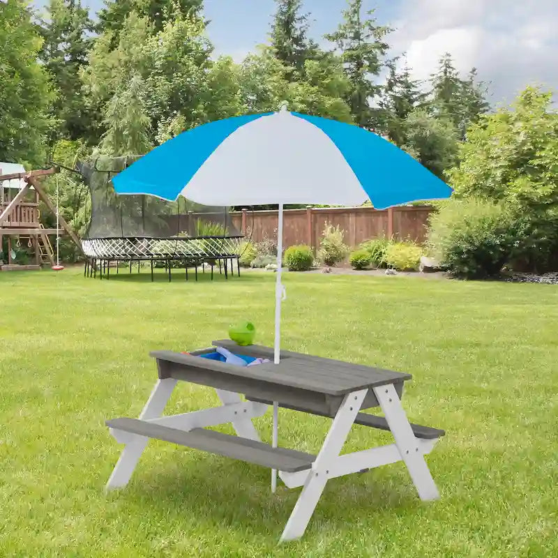 3-in-1 Kids Outdoor Wooden Picnic Table With Umbrella, Convertible Sand & Wate