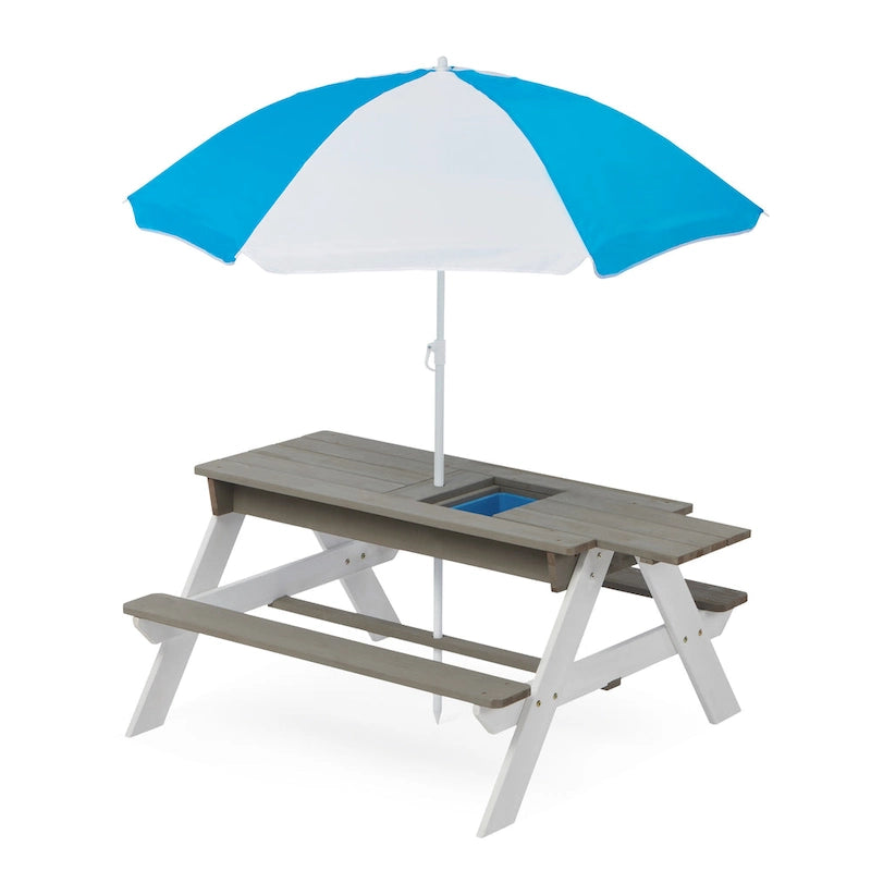 3-in-1 Kids Outdoor Wooden Picnic Table With Umbrella, Convertible Sand & Wate