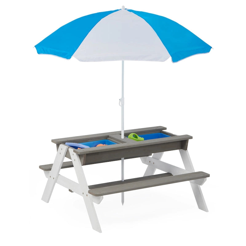 3-in-1 Kids Outdoor Wooden Picnic Table With Umbrella, Convertible Sand & Wate