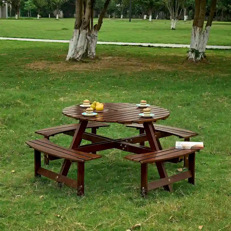 Outdoor Round Picnic Table Set with Built-in Benches & Umbrella Hole