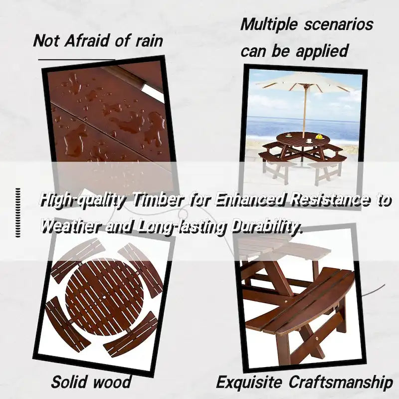 Outdoor Round Picnic Table Set with Built-in Benches & Umbrella Hole