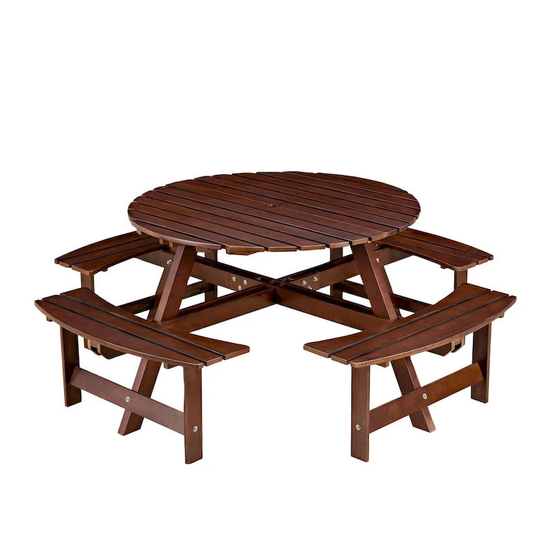 Outdoor Round Picnic Table Set with Built-in Benches & Umbrella Hole