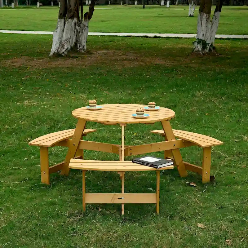 Outdoor Round Picnic Table Set with Built-in Benches & Umbrella Hole