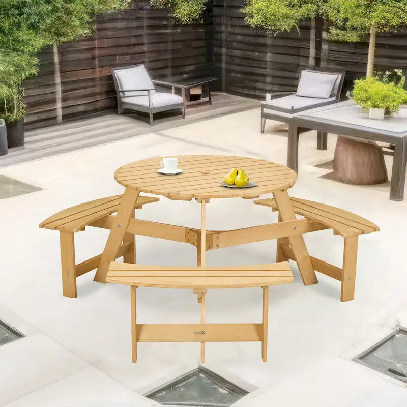 Outdoor Round Picnic Table Set with Built-in Benches & Umbrella Hole