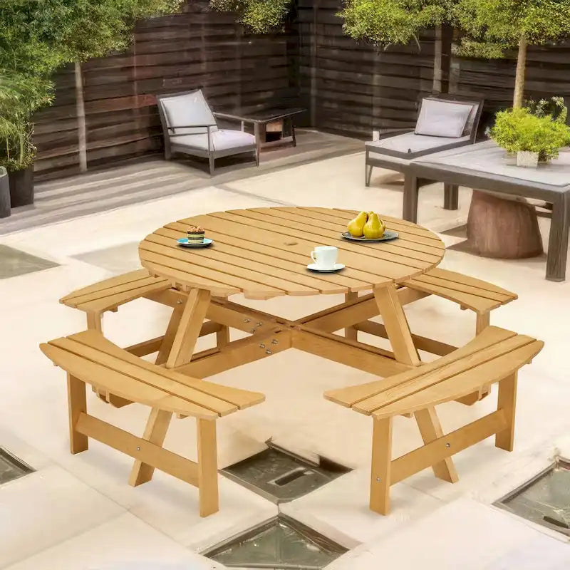 Outdoor Round Picnic Table Set with Built-in Benches & Umbrella Hole