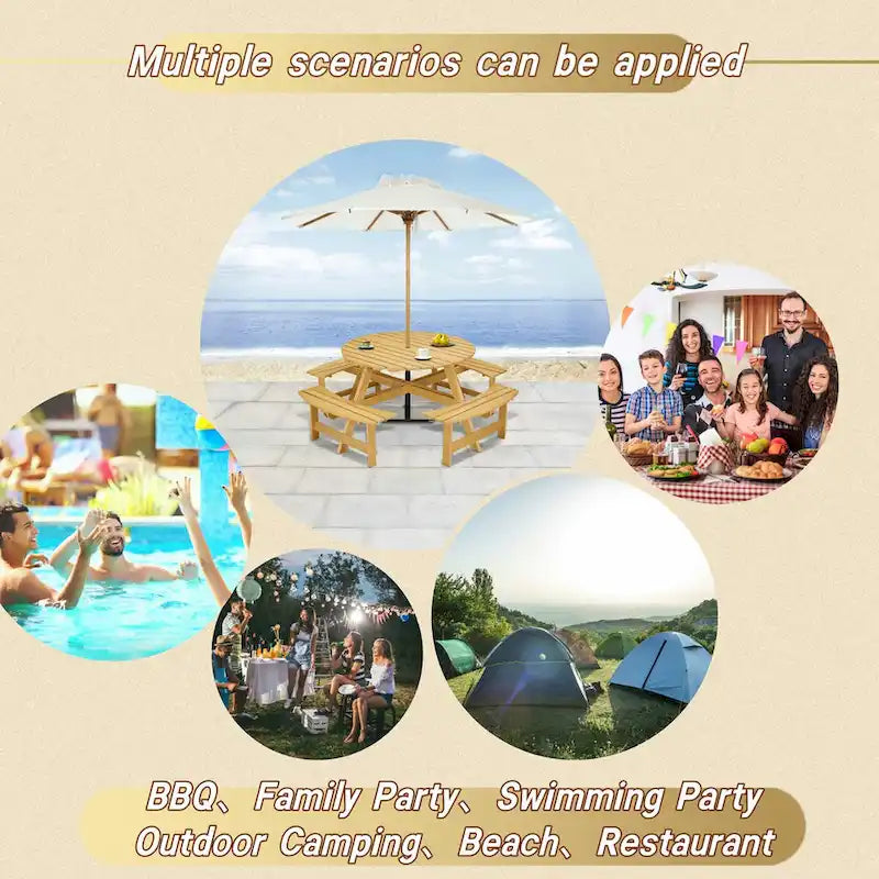 Outdoor Round Picnic Table Set with Built-in Benches & Umbrella Hole