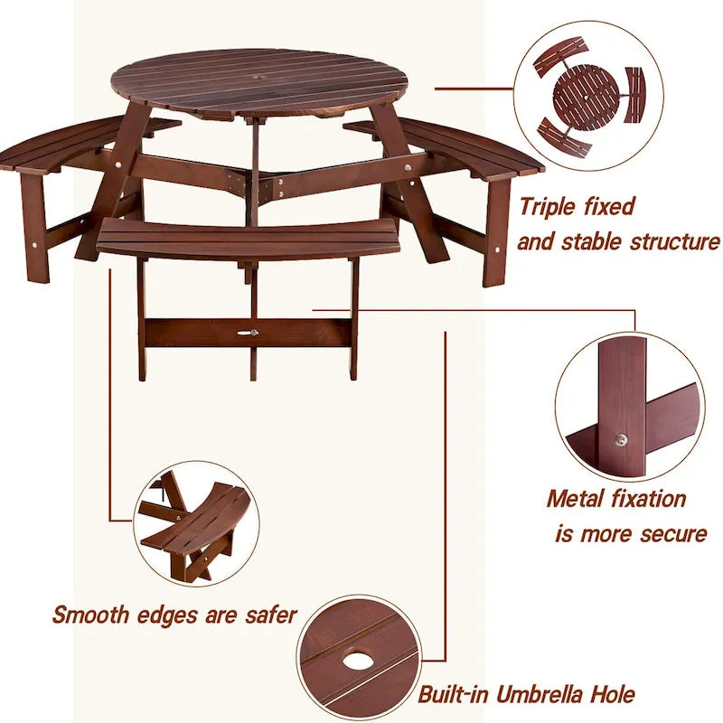 Outdoor Round Picnic Table Set with Built-in Benches & Umbrella Hole