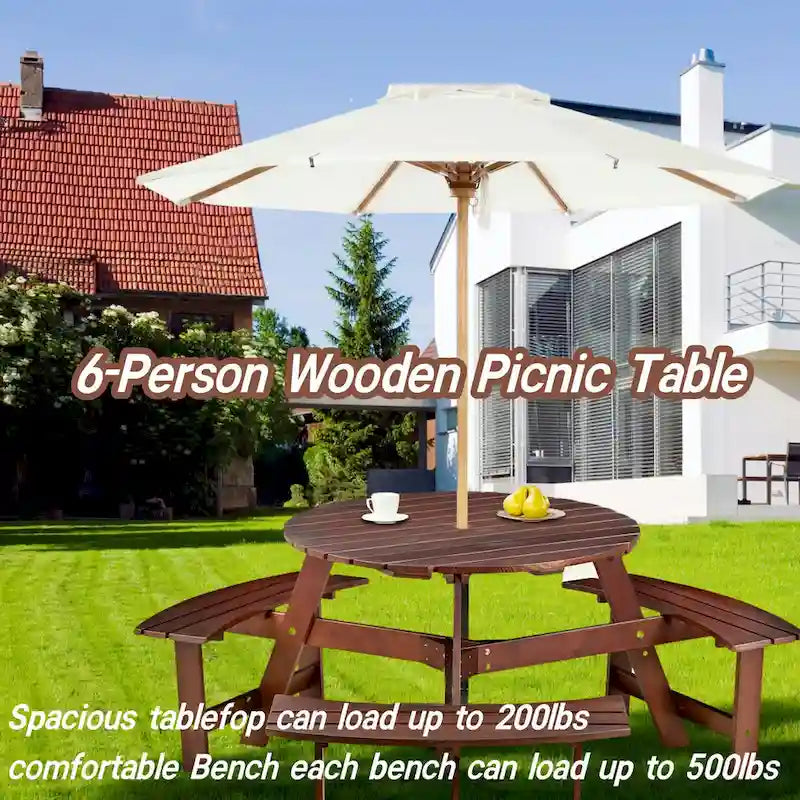 Outdoor Round Picnic Table Set with Built-in Benches & Umbrella Hole
