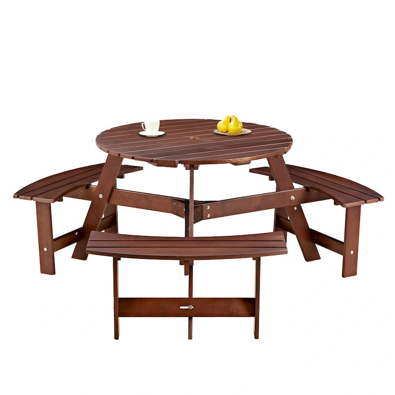 Outdoor Round Picnic Table Set with Built-in Benches & Umbrella Hole