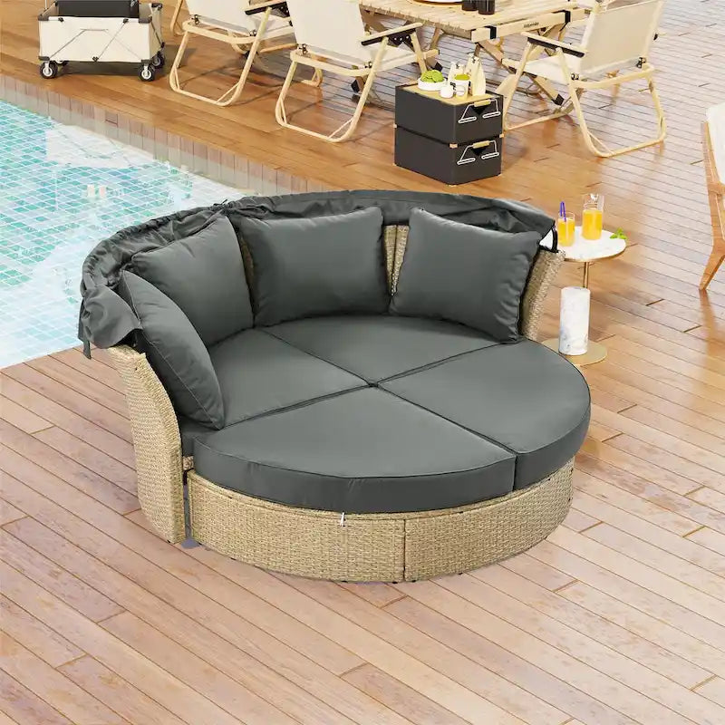 Brown Wicker Rattan Outdoor Day Bed with Gray Cushions and Gray Retractable Canopy