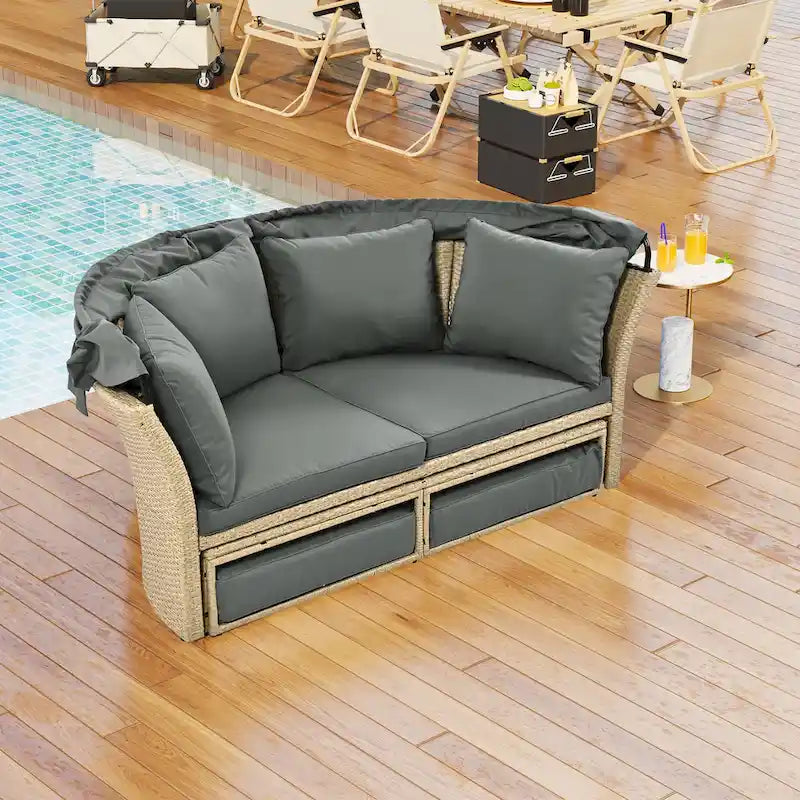 Brown Wicker Rattan Outdoor Day Bed with Gray Cushions and Gray Retractable Canopy