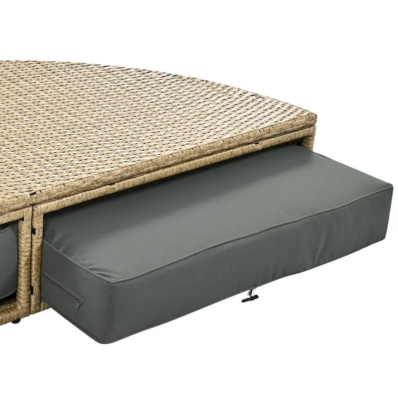 Brown Wicker Rattan Outdoor Day Bed with Gray Cushions and Gray Retractable Canopy
