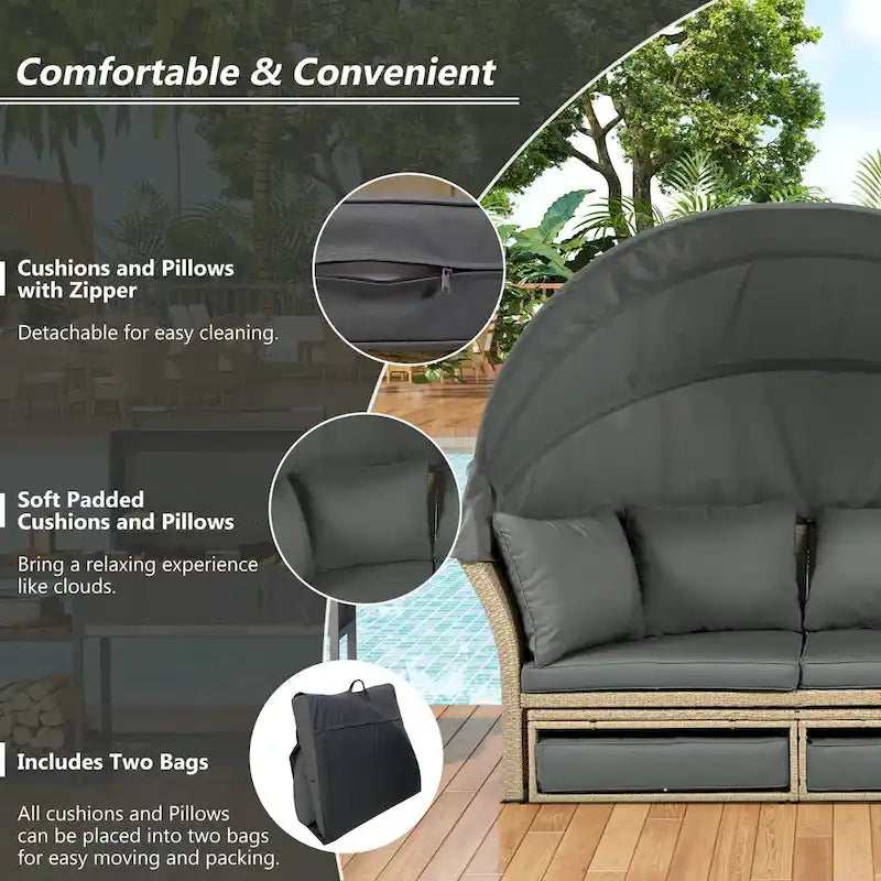 Brown Wicker Rattan Outdoor Day Bed with Gray Cushions and Gray Retractable Canopy