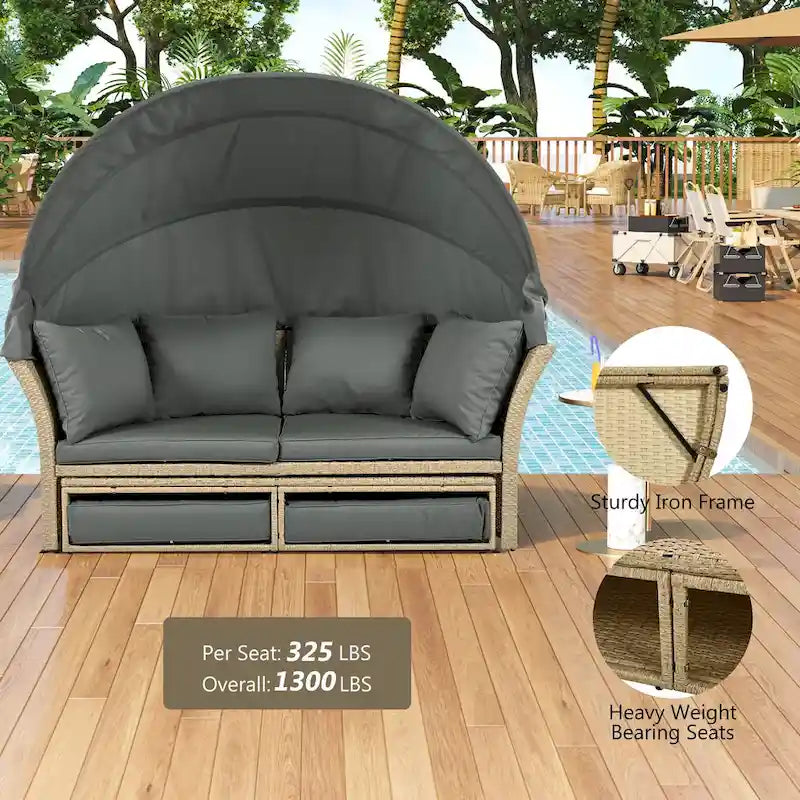Brown Wicker Rattan Outdoor Day Bed with Gray Cushions and Gray Retractable Canopy